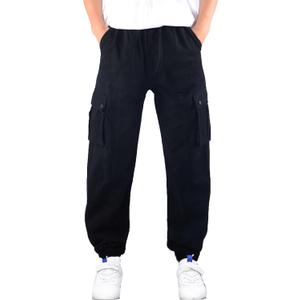 Boys Cargo Pants Elastic Waist Twill Joggers Pull on Casual Trousers for Kids (10-11 Years, Black)