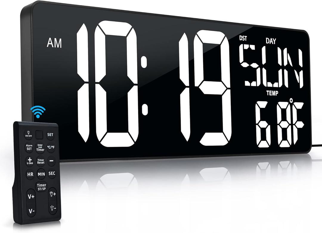 Large Digital Wall Clock with Remote Control 17.2" LED Large Display Timer with Temperature Date Week Auto DST Adjustable Brightness, Big Wall Alarm Clock for Living Room Office Garage Gym Seniors