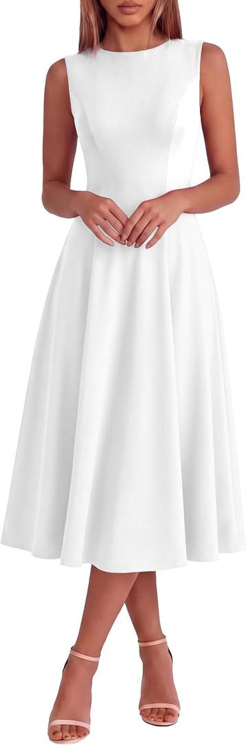 Simplee Women's Summer Sleeveless Cocktail Midi Dress 2026 Elegant Classy Crewneck A Line Flowy Party Tank Formal Dresses (White, L)