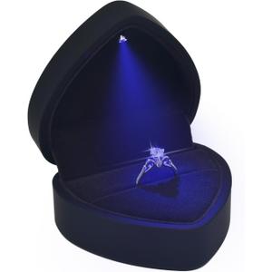 Luxury LED Lighted Engagement Ring Box - Heart Shaped Elegant Black Ring Case for Wedding Rings, Perfect for Proposal, Anniversary, Ceremony, and Gift Giving
