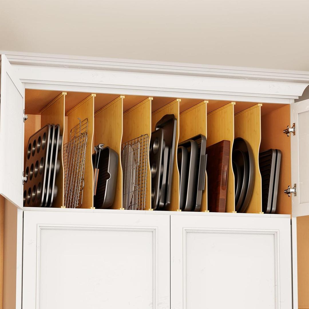 SpaceAid 8 Pack Tray Dividers for Cabinets, Bamboo Kitchen Cookie Baking Sheet Organizer for Cabinet, Vertical Pan and Trays Organizers for Pantry Storage