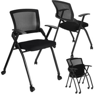 AceOrbit 2 Pcs Foldable Office Chair with PU Wheels Lumbar Support, Armrest, Thick Breathable Mesh Seat Chair for Office Meeting, Conference, Training Room, Black, 18.5 in x 18.5 in x 35.43 in
