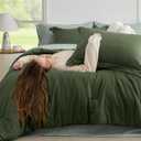 Bedsure Queen Comforter Set - 7 Pieces Olive Green Queen Bedding Set for All Seasons, Boho Contrasting Design Bed in a Bag with Comforter, Sheets, Pillowcases & Shams