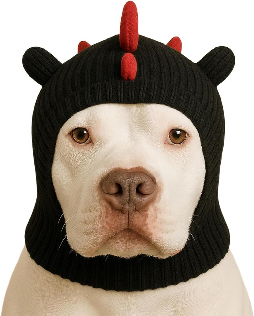 LovinPet Dinosaur Dog Hat Snood for Medium & Large Dogs, Dino Costume Ear & Neck Warmer, Soft 4Way Stretch Knit, Adjustable Fit, One Size,Black