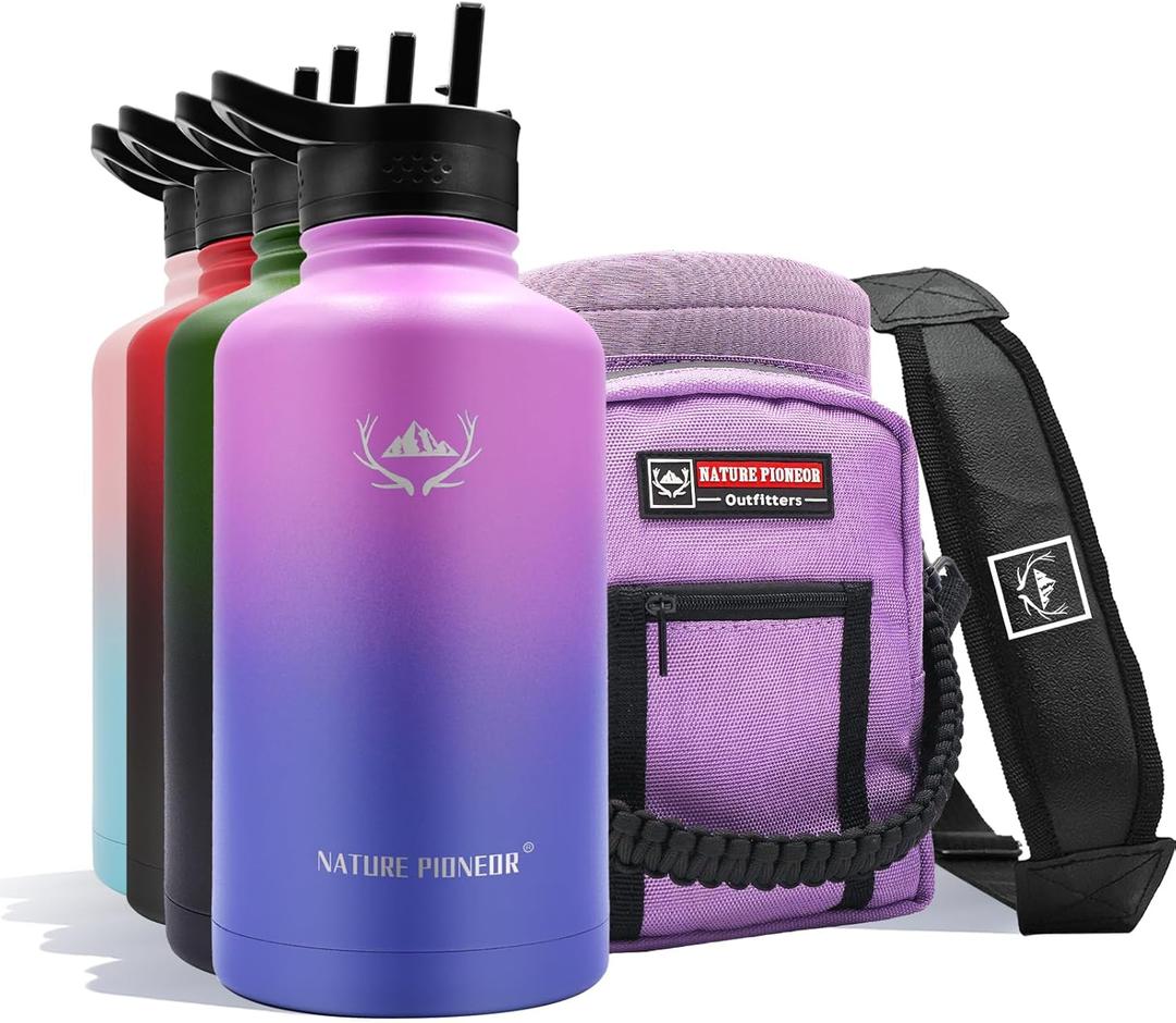 NATURE PIONEOR Insulated Water Bottles with Straw - 64oz Stainless Steel Vacuum Bottle with Holder/Carrier/Sleeve - Reusable 18/8 Food Grade Half Gallon Water Jug (Purple)