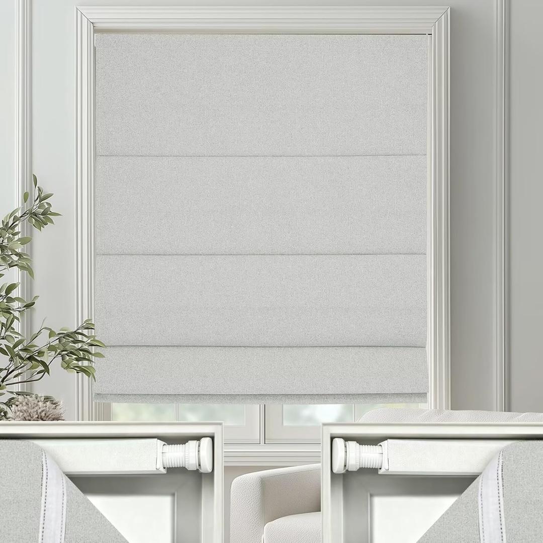 Changshade No Drill Roman Shades Cordless Blinds Blackout for Indoor Windows, Room Darkening Black Out Tension Rod No Hardware No Tools Inside Mount, Shade Size 34 Inch Wide 64 Inch High, Off White