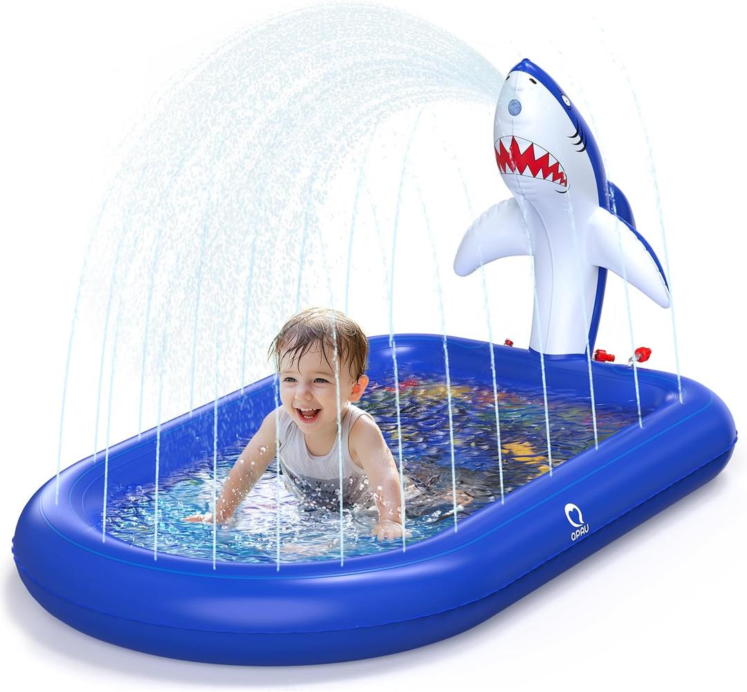 QPAU Splash Pads for Toddlers 1-3, Dark Blue Shark Splash Pad for Kids, Outdoor Play Mat for Babies, Inflatable Sprinkler Pool for Birthday Girl Gifts 1 Year Old Girl
