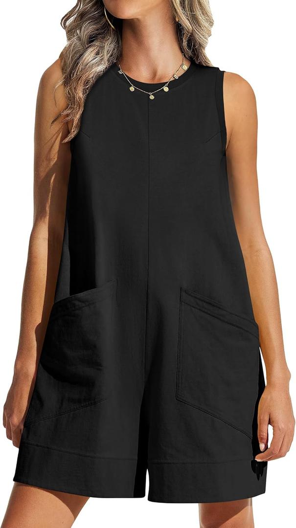 ANRABESS Womens Romper Casual Loose Sleeveless 2025 Summer One Piece Outfit Crewneck Short Jumpsuit Overall Outfits & Pockets (X-Large, Black)