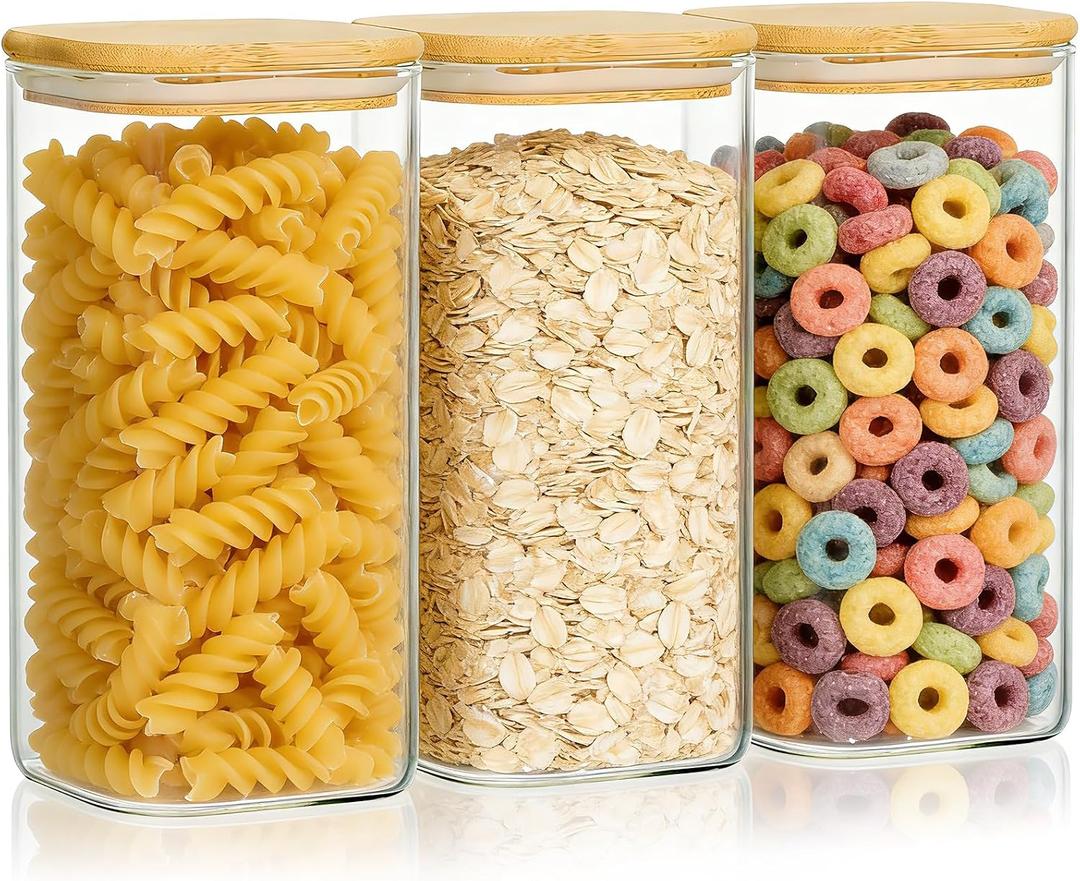 KEYWING 50oz Airtight Glass Storage Containers with Lids Set of 3, Square Glass Jars with Bamboo Lids, Kitchen Pantry Storage Canister for Flour, Sugar, Cereal, Coffee Beans, Pasta, Cookies & Tea, 50fl oz*3