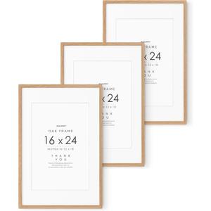 16x24 Poster Frame, Solid Oak Wood 16x24 Frames with Mat to 12x18, 16x24 in - 3P