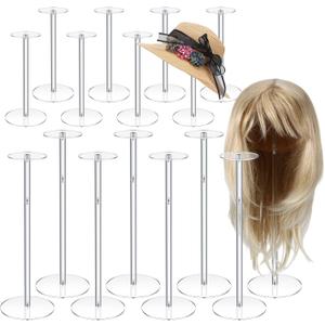 16 Pcs Acrylic Hat Stand 12" to 17" Adjustable Clear Wig Display Rack Nonslip Round Barbell Base Hat Rack Decorative Hat Holder Wig Stand Holder for Hats Watch Jewelry Storage Table (Thicker)