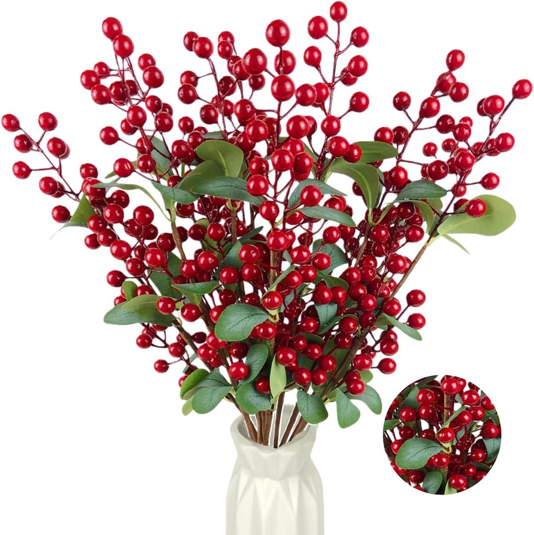 NoriStyle 10 Pcs Long Christmas Red Berry Stems with Leaves for Christmas Tree Table Decorations, 21.65 Inches Artificial Christmas Holly Berry Stems for Vases Home Indoor Wreaths DIY Decor (Red)