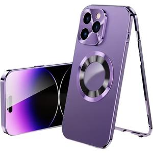 Magnetic Metal Edge Full Body Military Drop Protection for iPhone 15 Pro Case,Compatible with MagSafe,Rugged Built-in Privacy Screen Protector Logo View Shockproof Cover,Purple