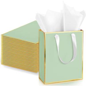 Yeaqee 24 Pack Metallic Paper Gift Bags with Handle and Tissue 9x7x3.1 Gold Foil Welcome Favor Bags Return Gifts for Wedding Fall 5 Senses Christmas Bridesmaid Birthday(Sage Green, Gold)