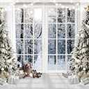 WOLADA White Christmas Photography Backdrop Snowy Winter Window Scene Christmas Trees Gifts Snowy Forest Background for Holiday Portraits Christmas Parties Studio Props Festive Decor 8x6FT FW74