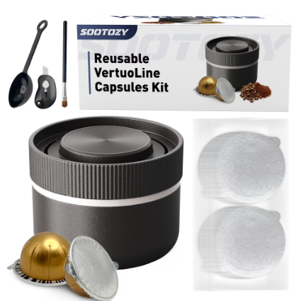 Reusable Pods Kit for Nespresso Vertuo, Refillable Coffee Pods with 100pcs Aluminum Covers Foil Seals Lids for VertuoLine Capsules, Compatible for VertuoPlus Espresso Machine (Pods not included)