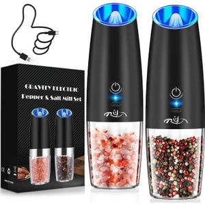 XinXu Upgraded Rechargeable Gravity Electric Pepper and Salt Grinder Set with LED lights, Stainless Steel Automatic Pepper or Salt Grinder Mill Shaker Refillable with Adjustable Coarseness (Black)