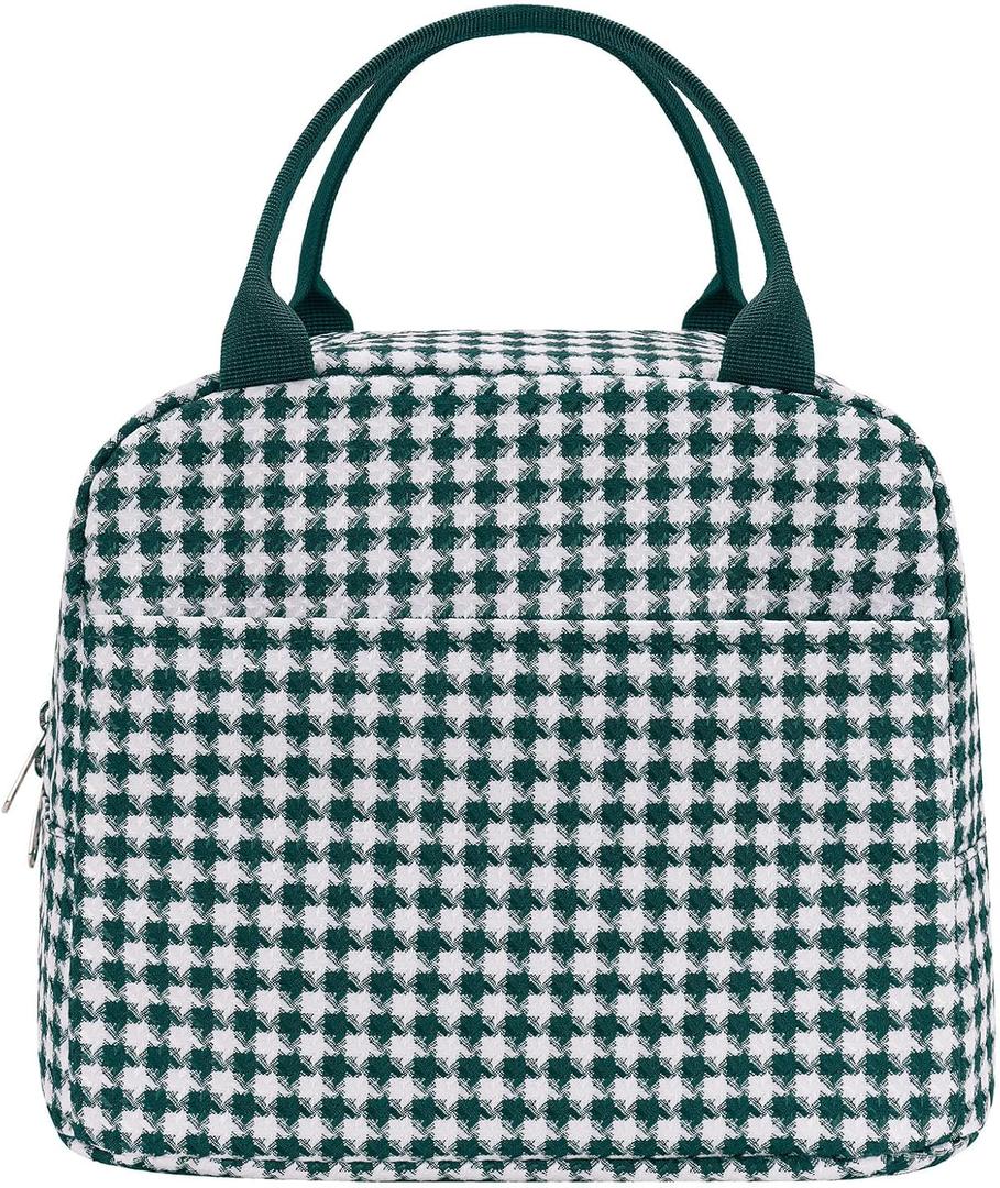 EurCross Elegant Green White Check Lunch Bag for Women, Lightweight and Portable Insulated Small Lunch Box Tote Bag for Adult Outdoors, Daily-use, Work, Short Trips