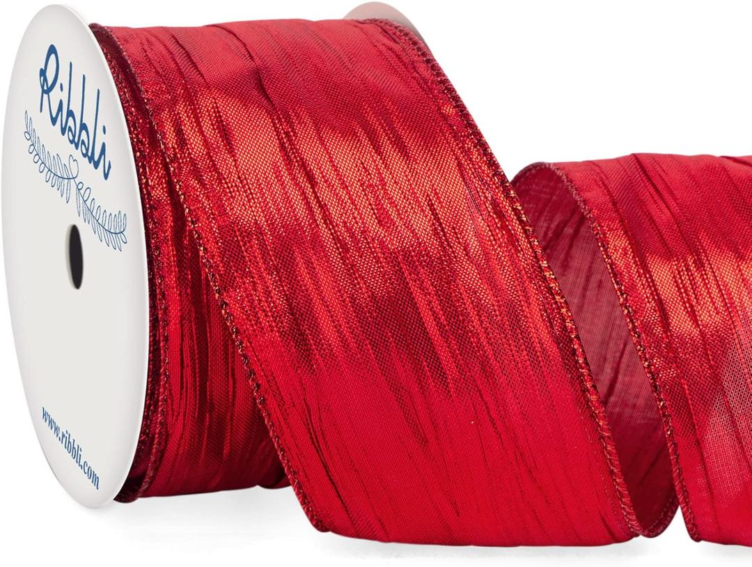 Ribbli Christmas Tree Ribbon-Red Crinkled Wired with Metallic Red Edge, Christmas Ribbon for Garland,Wreaths,Topper Bow,Swags,Tree Decoration 2-1/2 Inch x 10 Yard