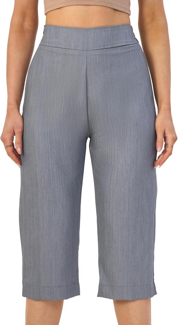Women's Starfish Mid Rise Pull On Crop Pants, Slimming Capri Trousers, Comfort Fit for Casual Wear (Grey) M