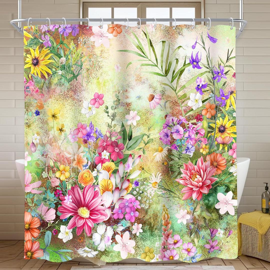 AMBZEK Colorful Floral Shower Curtain 72Wx78L Inch Spring Flower Vintage Abstract Oil Painting Wildflower Boho Retro Artwork Cloth Fabric Waterproof Polyester Bathroom Decor Set with 12 Pack Hook