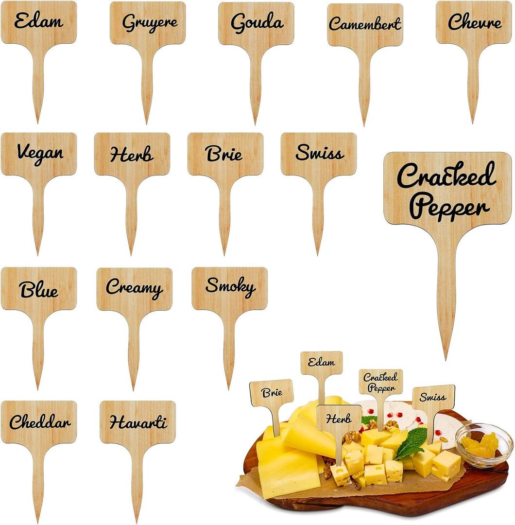 Queekay 15 Pcs Wooden Cheese Markers Set for Charcuterie Board Reusable Labels Marker Signs T Type Identification Name Food Tag for Buffet Christmas Wedding Birthday Cocktail Party Gift, 2.4 x 4 Inch
