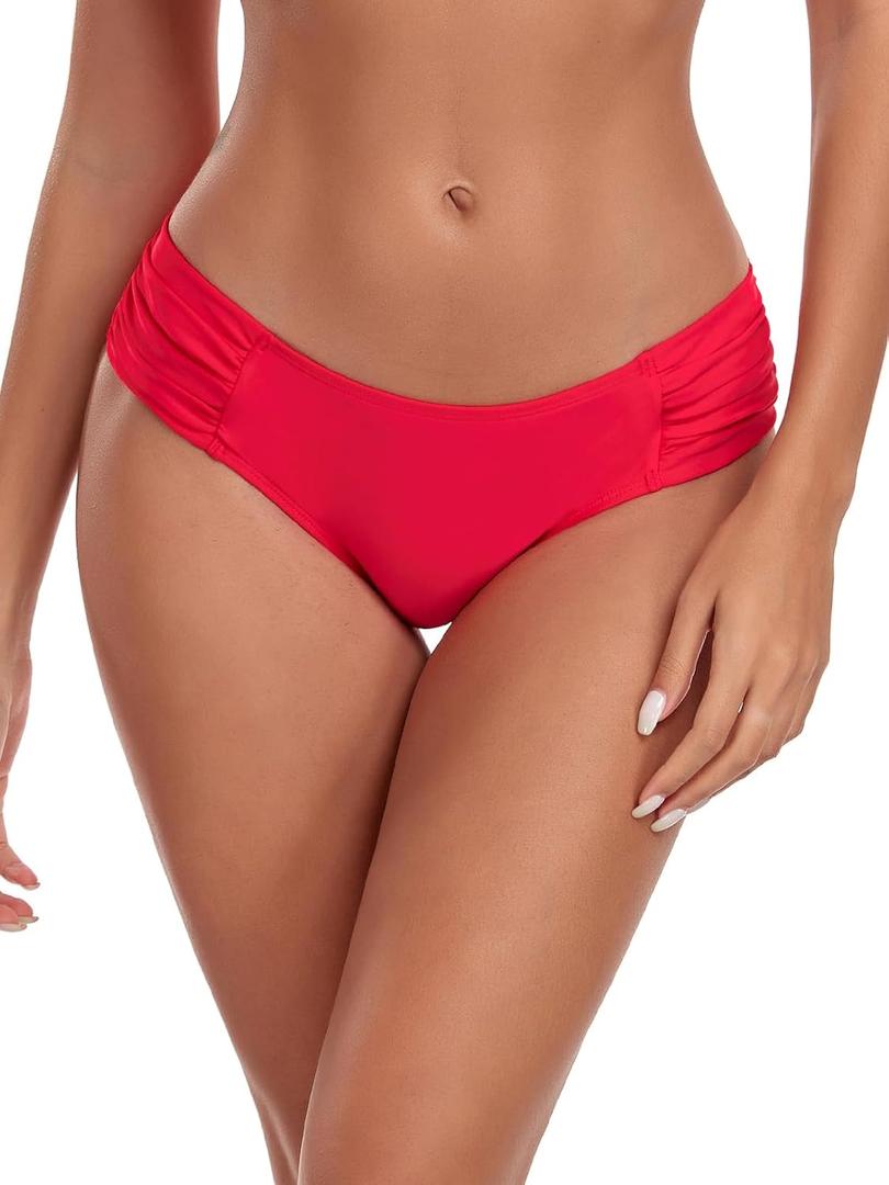 Ocean Blues Women's Ruched Sides Bikini Bottom Medium Coverage Bikini Bottom (Red, L)