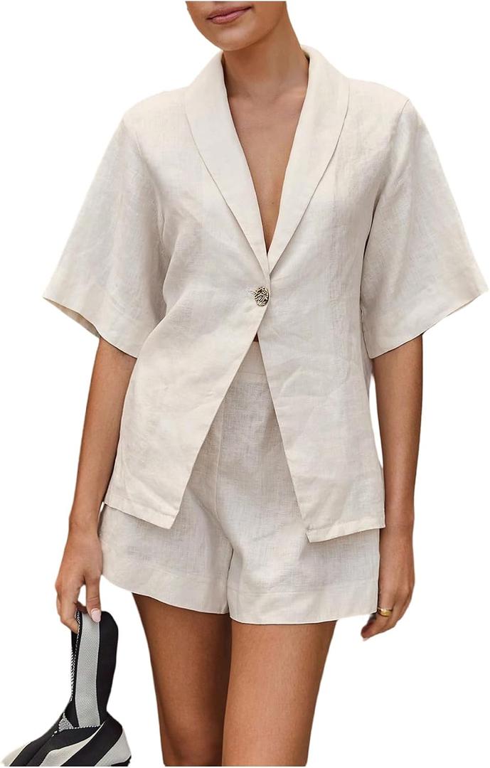Milumia Women's 2 Piece Outfit Button Front Collared V Neck Short Sleeve Shirt Shorts Sets (Beige, L)