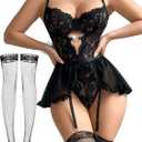 Alrovetoney Women Lingerie with Garter Belt 4pcs Set Lace Contrast Mesh Bodysuit Ruffle Garter Belt Skirt With Stockings (Black, XXL)