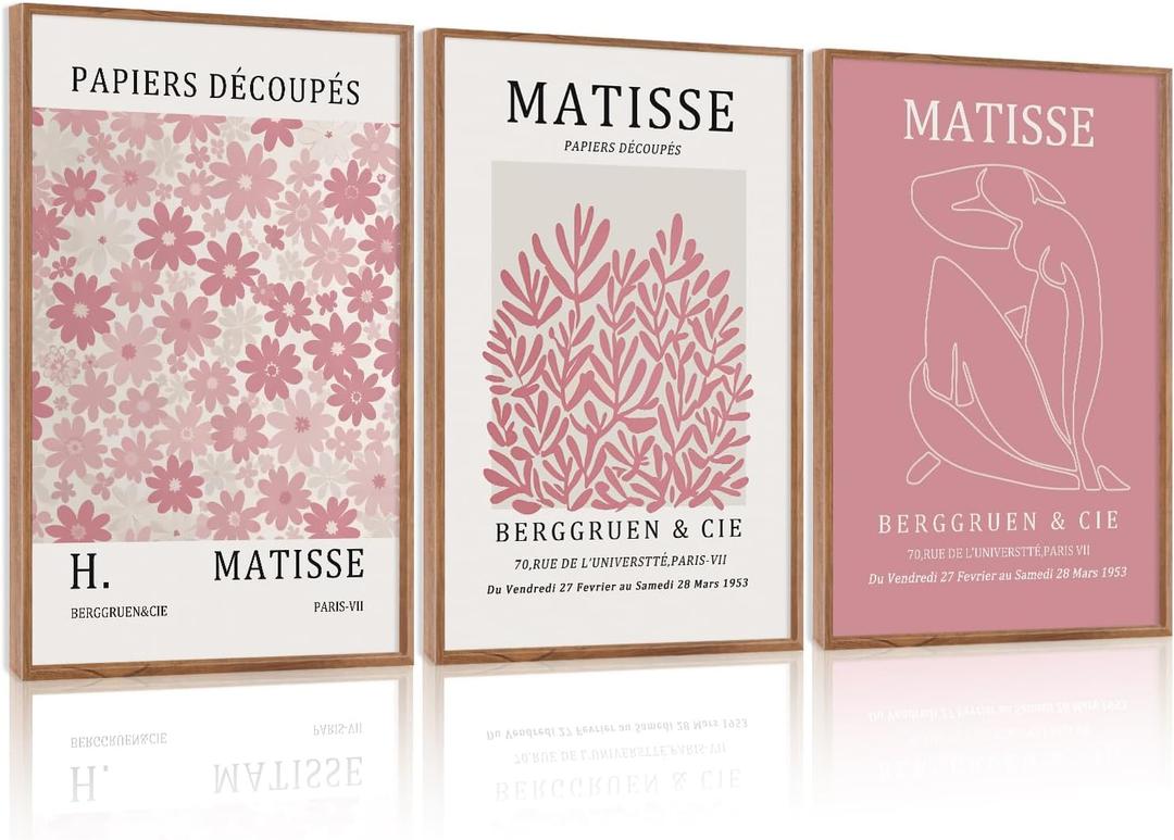 HLNIUC Matisse Pink Framed Wall Art Set,Neutral Pink Flower Canvas Wall Decor Set of 3(24”x36’) Modern Aesthetic Pictures Painting,Abstract Floral Market Art Print for Living Room Bedroom Office