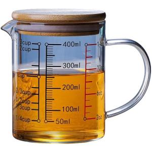 Glass Measuring Cup, 400ML V Shaped Nozzle Clear Scales Comfortable Grip Borosilicate Coffee Cups for Home Kitchen Baking Drinks with Handle Wooden Lid Ml/Oz/Cup Easy to Read