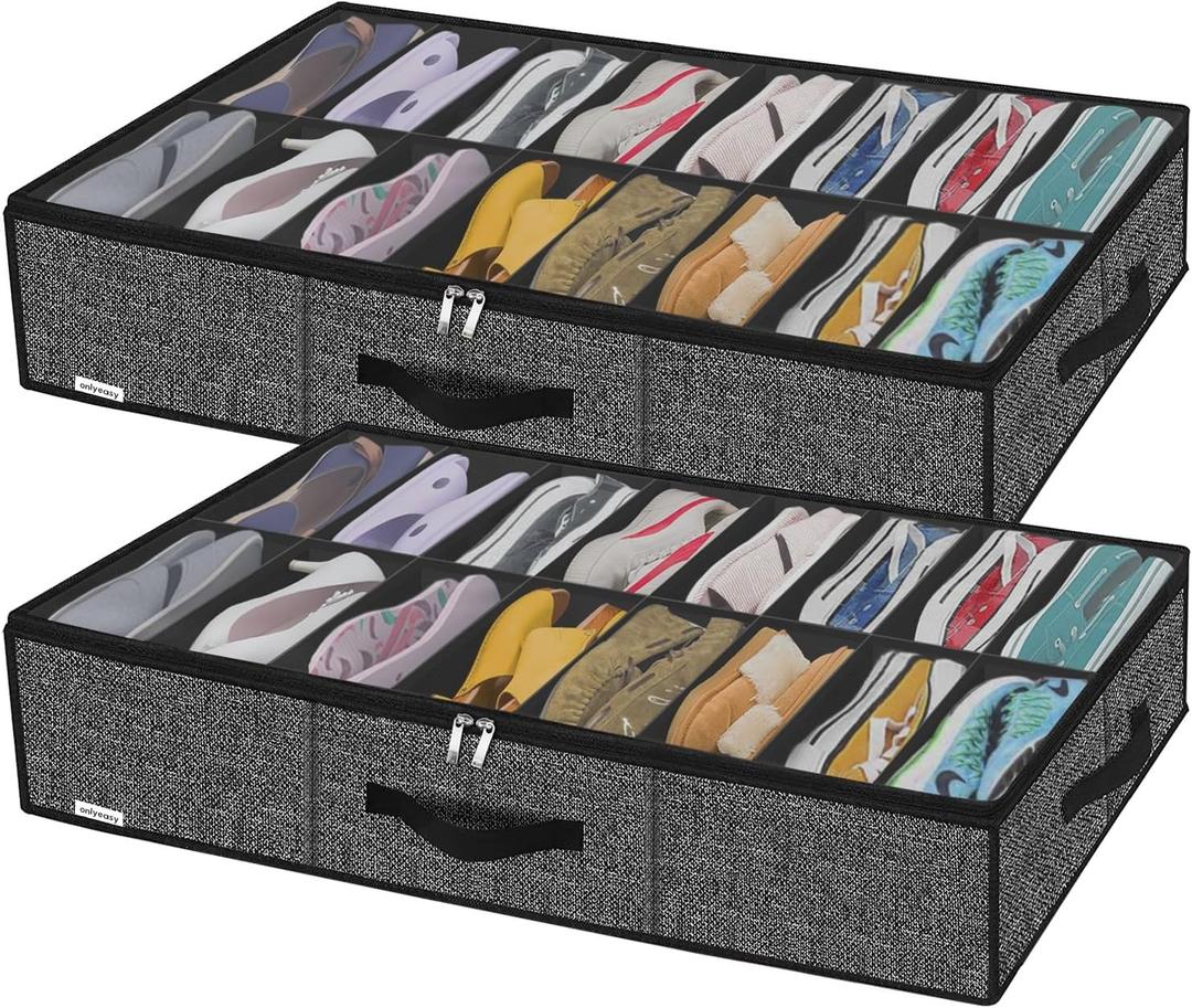 Onlyeasy Sturdy Under Bed Shoe Storage Solution Organizer For Closet Fit 16x2 Pairs, Underbed Shoes Container Bags with Reinforced Handles, Breathable, Linen-like Black, MXAUBS16P2
