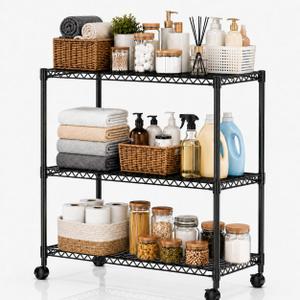 Simple Deluxe 3-Tier Heavy Duty Adjustable Storage Shelf with Wheels, 23.23”W x 13.39”D x 30.31”H, Mobile or Stationary Metal Shelving Unit, Easy Assembly for Kitchen, Pantry, Laundry Room, Black