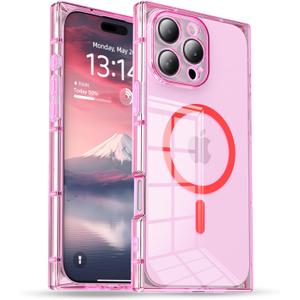Rectangle Edge Magnetic Clear Case for iPhone 15 Pro Max, Compatible with MagSafe, Full Camera Protection & Reinforced Corners, Thin Slim Shockproof TPU Phone Cover for Women Girls, Pink