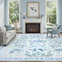 DCX Washable 8x10 Bow Rug, Blue Floral Rug for Girls Bedroom, Cute Soft Low Pile Indoor Dcor Carpet, Kid & Pet Friendly Nursery Rug for Living Room, Dorm, Playroom