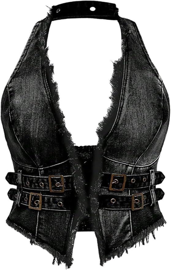 WDIRARA Women's Plus Size Frayed Denim Halter Top Buckle Backless Punk Hippie Jean Crop Top, Medium