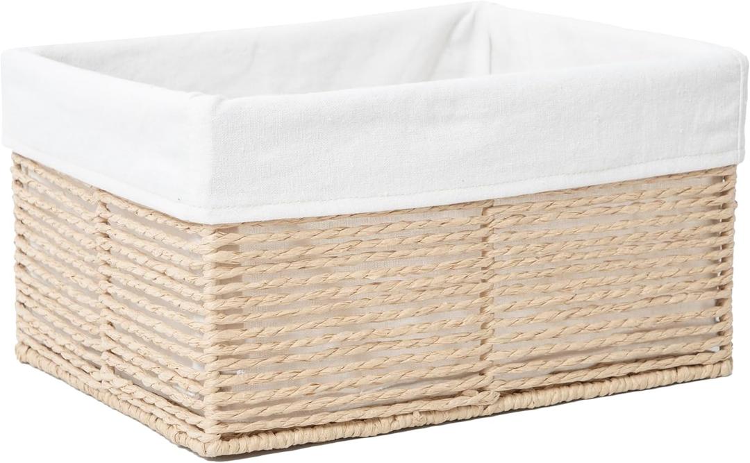 Hand-Woven Paper Rope Storage Baskets,Rectangular Wicker Baskets for Organizing,Decorative Woven Basket for Storage,Shelf Basket for Living Room,Storage Baskets for Pantry (Beige - Large)