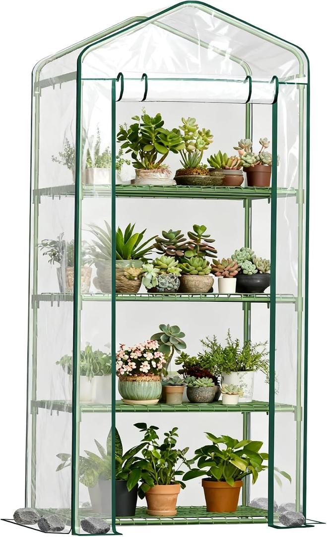 Mini Greenhouse for Outdoor Indoor, 4 Tier Shelves Small Green House for Winter, Portable Greenhouses with PE-Coated Metal Frame Heavy Duty PVC Cover, Plant Rack Stand House 2.3x1.6x5.2ft, Large