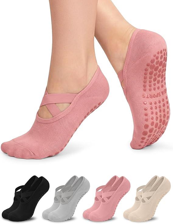 BLONGW Pilates Socks for Women, Cute Non Slip Grip Socks for Yoga, Barre, Hospital, Barefoot Dance Ballet Socks with Soft Cotton Cushion, 4 Pairs Comfortable, Durable Cross Straps, Size: Small-Medium