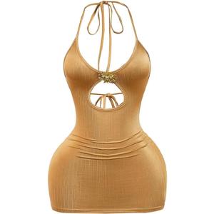 Milumia Women's Metallic Cut Out Halter Mini Dress Sleeveless Backless Party Bodycon Short Dresses (Gold, Large)