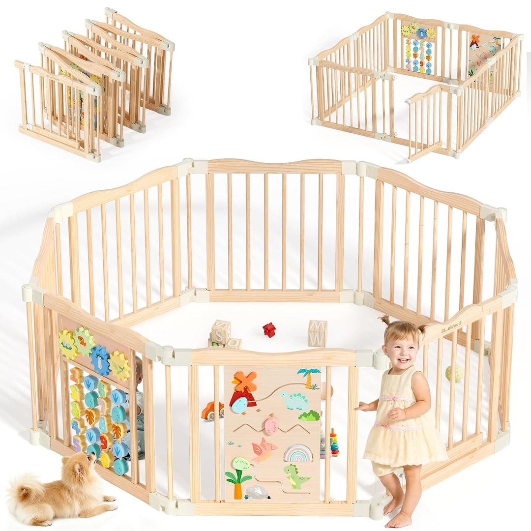 Foldable Wooden Playpen - Adjustable Wood Baby Play Yard with Child-Proof Lock, Indoor Large Safety Fence for Babies and Toddlers - Easy Assembly, 55 x 55 x 24 inches, Dino Land, Natural