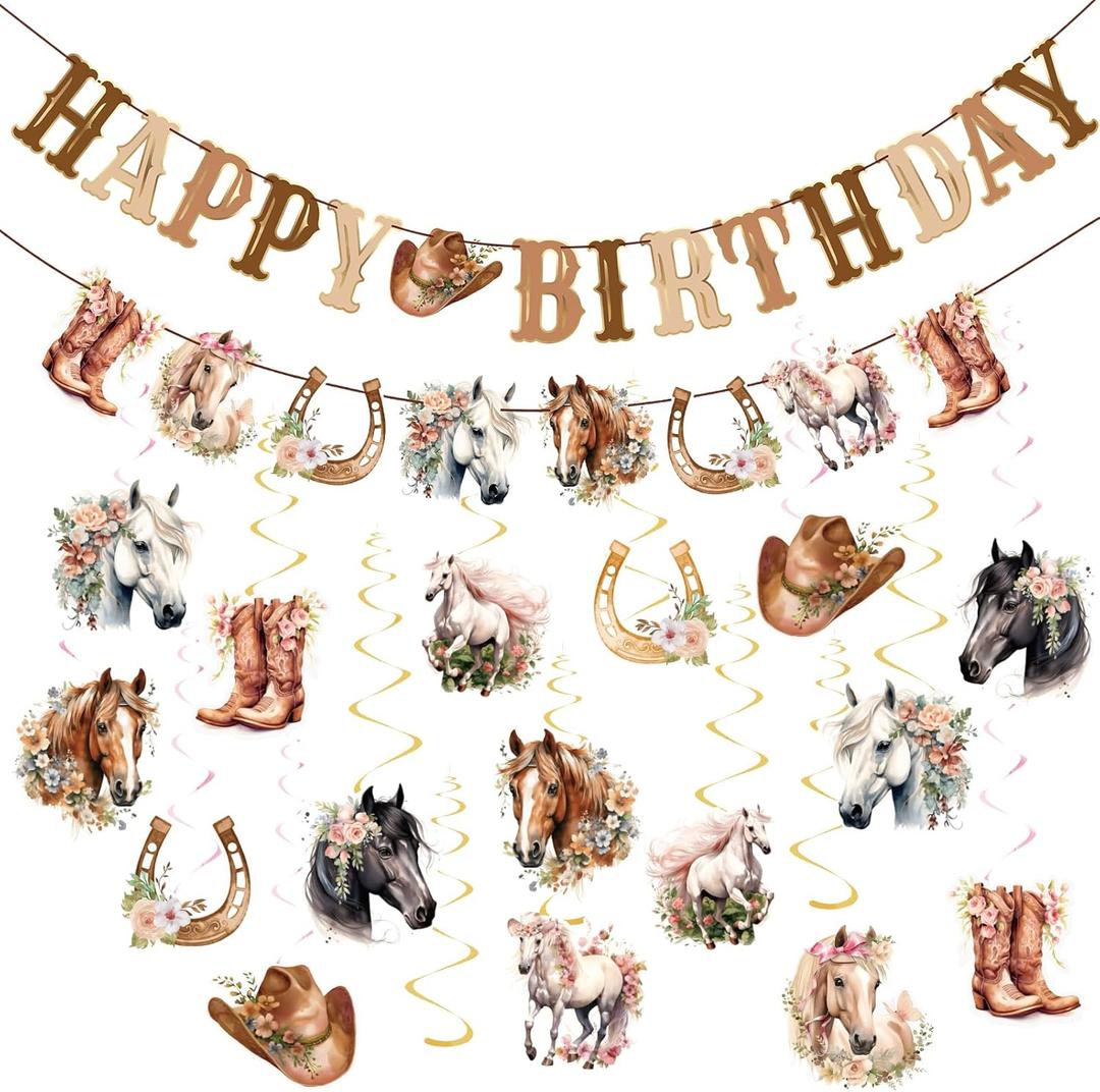 Horse Birthday Decorations,Horse Party Decorations for Girls,Cowgirl Hanging Swirls,Happy Birthday Banners, Western Party Supplies Women