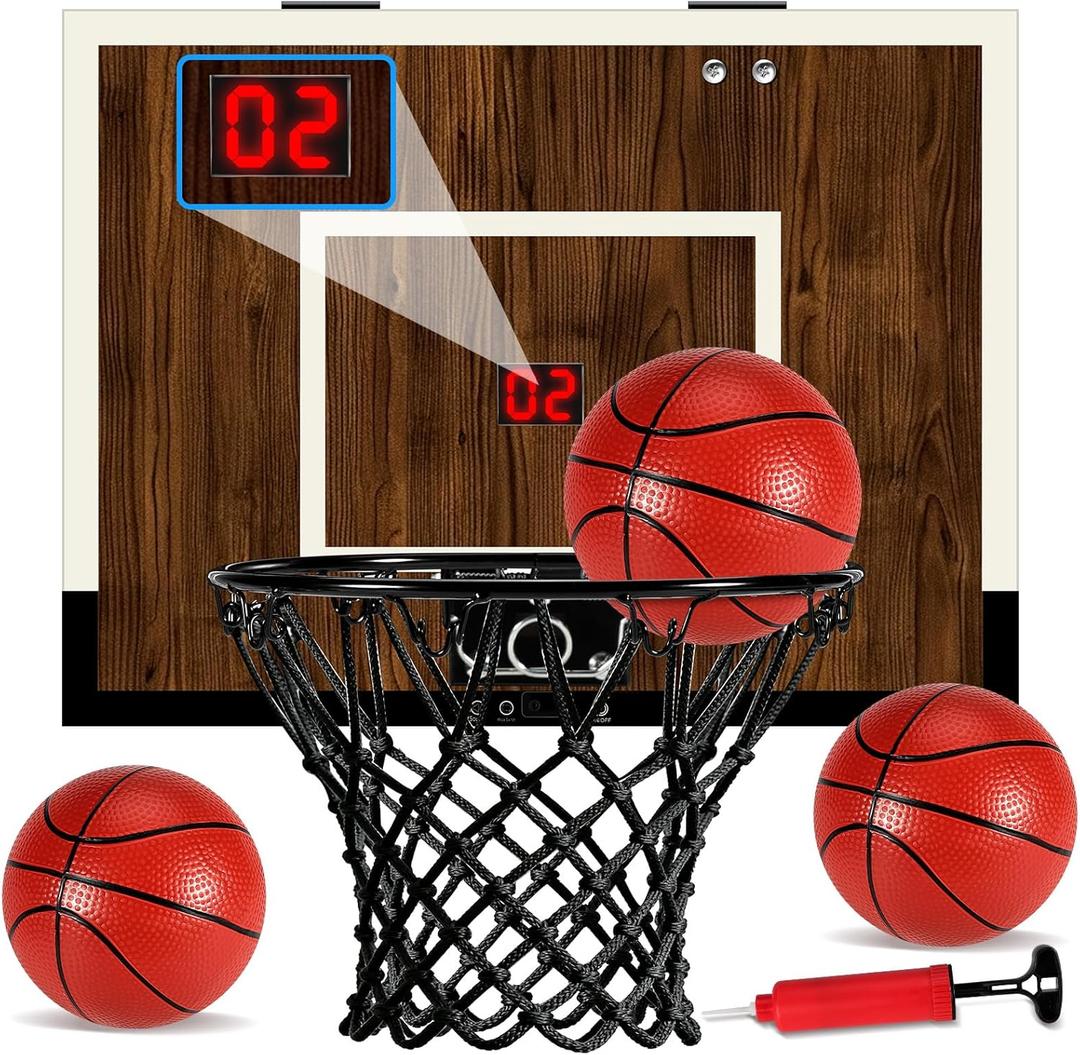Indoor Mini Basketball Hoop Set Over The Door with Wood Backboard & Iron Rim Includes 2 Balls & Air Pump Anti-Shock Padding 16"x12"x3" (Score Version, Dark Wood Finish)