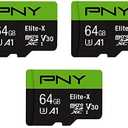 PNY 64GB Elite-X Class 10 U3 V30 microSDXC Flash Memory Card, 3 Count (Pack of 1) - 100MB/s, Class 10, U3, V30, A1, 4K UHD, Full HD, UHS-I, Micro SD