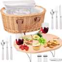 Geytetqi Wicker Picnic Basket Set for 2 Person with Mini Folding Table and Insulated Cooler Bag, Picnic Basket with Woven Handle Design & Tableware Accessories, Woven Oval Picnic Basket for Outdoor