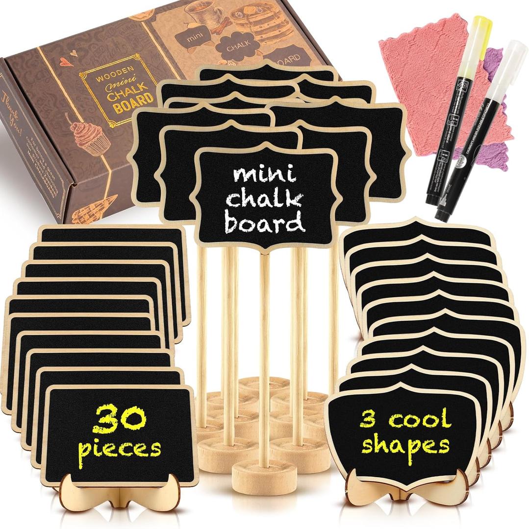 Mini Chalkboard Signs 30 Pack, Small Food Labels or Name Cards for Party Buffet Table with Wooden Stand for Wedding, Baby Shower, Mimosa Bar Supplies and Charcuterie Boards Accessories with 2 Pens