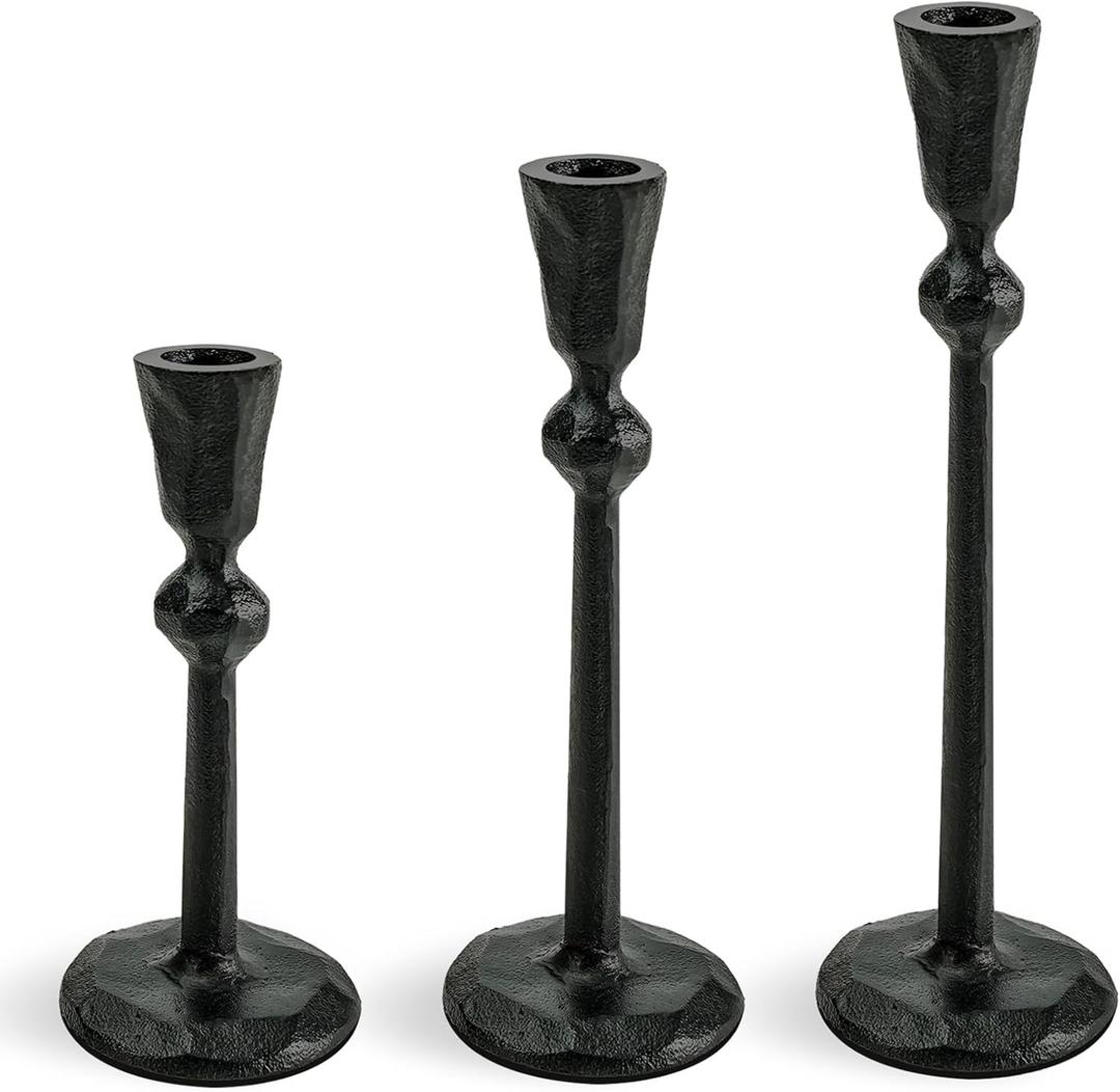Black Candlestick Holder Set of 3, Elegant Rustic Heavy Cast Iron Candle Holder,3PCS Vintage Metal Taper Candle Stick Holders for Festival, Wedding, Birthday, Home, and Party Decorations