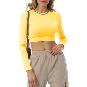 Design by Olivia Women's Long Sleeve Crop Top Sexy Slim Fit Crew Neck Cropped Shirts Y2K Fall Basic Teen Girl Style Yellow L