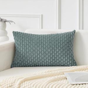 Kevin Textile 14x22 Inch Pillow Cover 1 Pack Boho Decorative Soft Striped Corduroy Lumbar Farmhouse Color Accent Rectangle Cushion Case for Living Room Couch Sofa Bed, Teal Green
