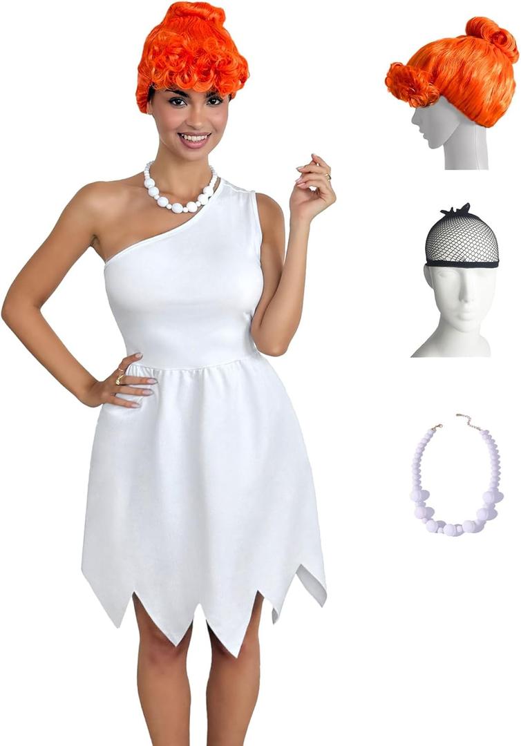 Laqeyko Couple Halloween Costumes Set for Adults Cosplay Caveman,Womens Dress,Mens Tunic,Wig,Necklace,Inflatable Stick,Tie (Large, White)